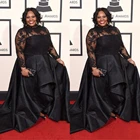 Женское вечернее платье, черное кружевное платье с аппликацией, круглым вырезом и длинными рукавами, размера плюс