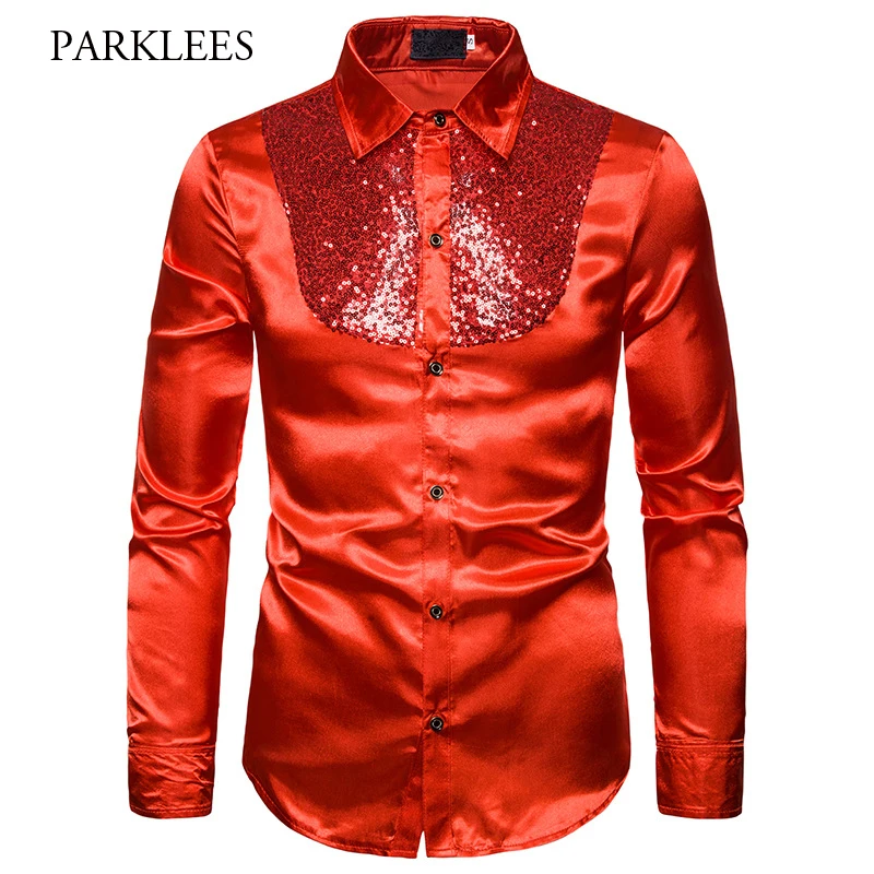 

Fashion Red Silk Satin Shirt Men 2019 Brand New Shiny Sequin Chemise Homme Night Club Stage Disco Party Shirts Camisas Masculina
