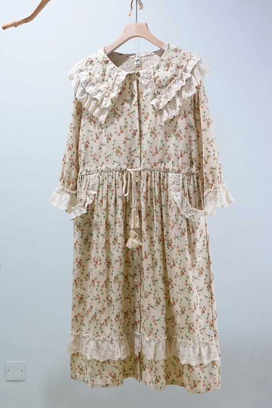 

2021 New Spring Lace Patch Dress Women Doll Collar 3/4 Sleeve Floral Midi Dress Preppy Style Breasted Plus Sized Loose Vestidos