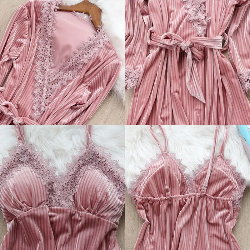 

Pajamas Suit Female Velour Kimono Robe Gown 3PCS Sleepwear Autumn Winter New Velvet Nightwear Casual Nightgown Lace Trim Pyjamas