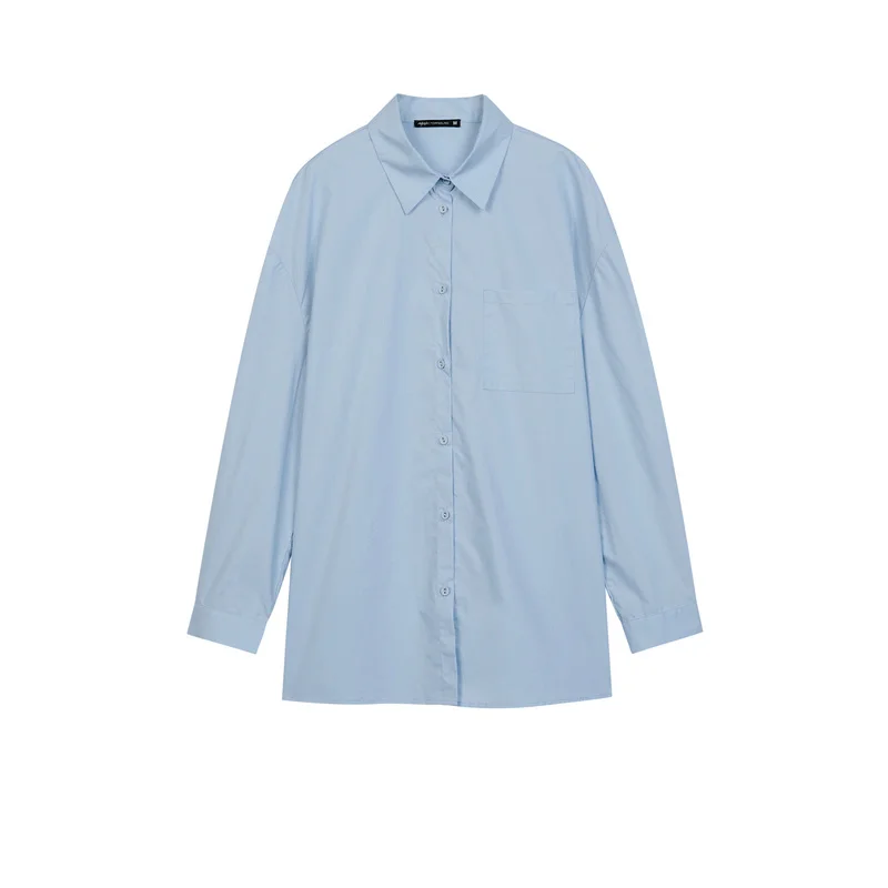 

MJstyle 2021 100% Cotton Spring Casual Women Shirts, Summer Fashion Solid Color Long Sleeve Shirt Women Tops, Blue 521120019