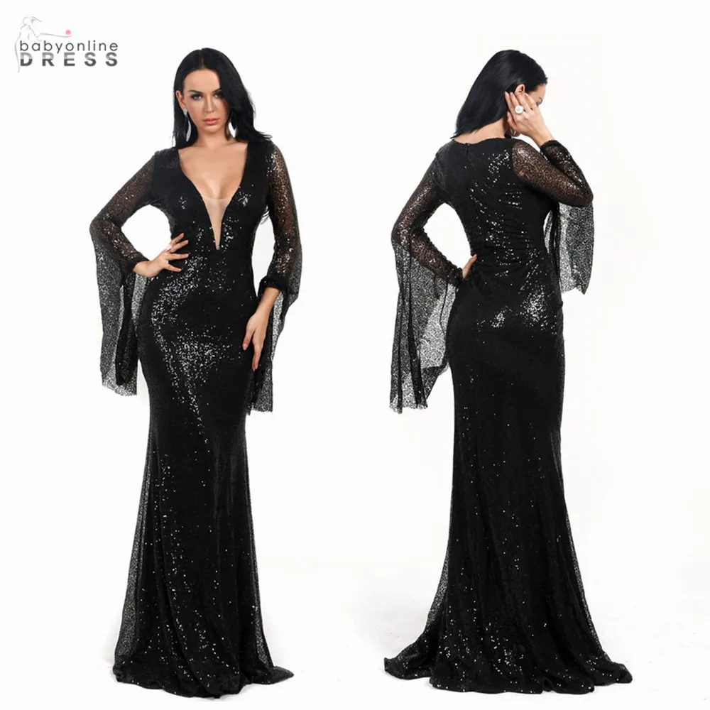

robes de soiree Sexy V Neck Sequins Long Evening Prom Dress Mermaid Full Sleeves Wedding Party Gowns vestidos de fiesta