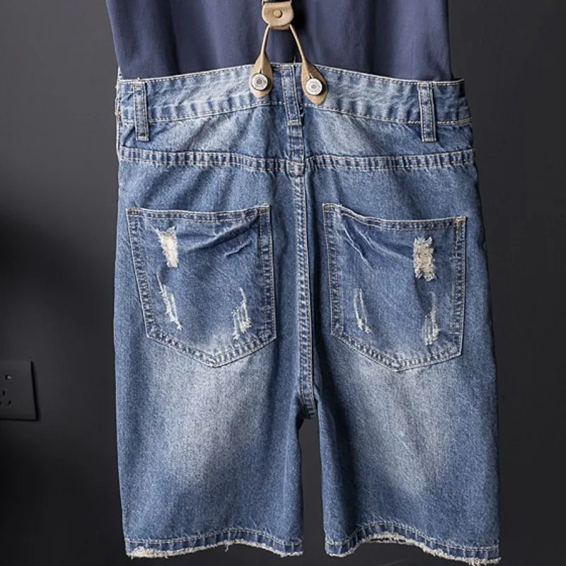 

Boys Summer Casual Denim Shorts Knee Length Jumpsuits Hole Ripped Jeans Zipper Mens Shorts Streetwear Washed Denim Suspenders