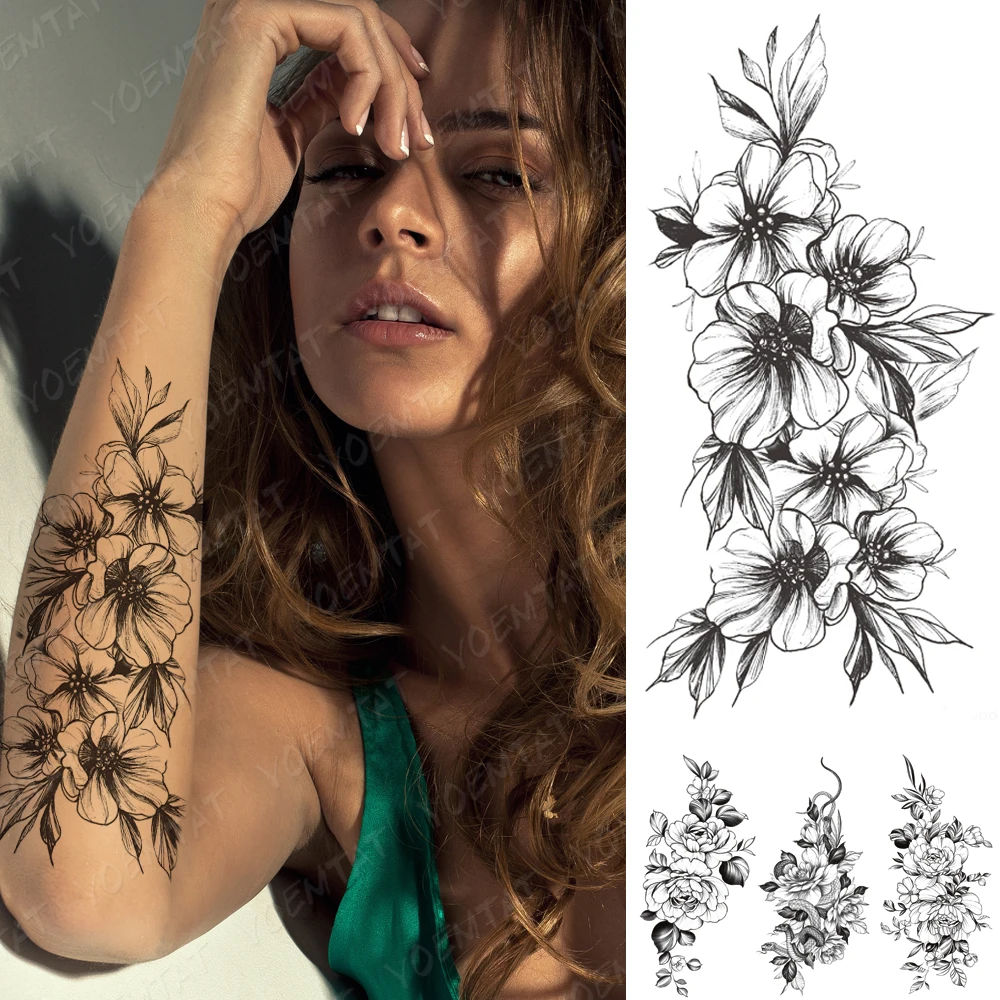 Waterproof Temporary Tattoo Stickers Peony Plum Blossom Lily Flower Flash Tattoos Female Black Sketch Body Art Fake Tatto Women
