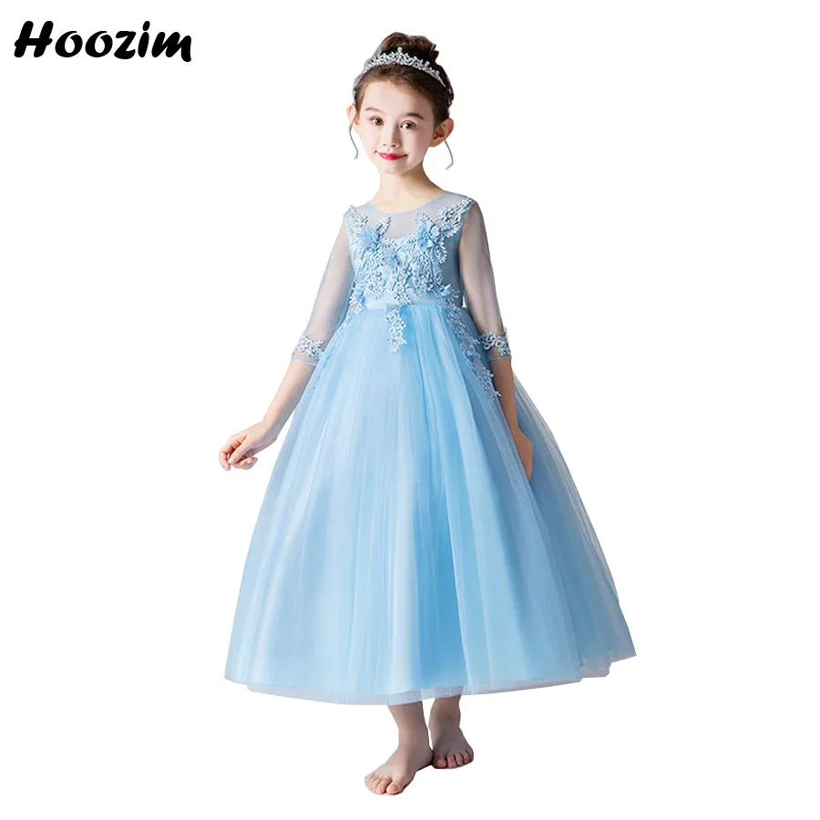 

Princess Back Zipper Embroidery Flower Tulle Wedding Party Dresses Girls 6-15 Years Applique Pearl Pageant And Prom Dress Girls