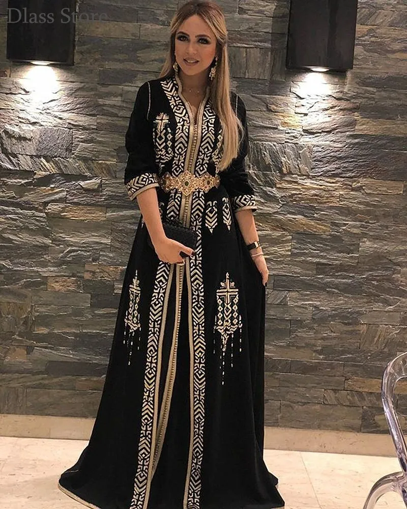 

Black Evening Dress A-line Applique Half Sleeves V-neck Muslim Beading Belt Floor Length Formal Prom Dress вечернее платье
