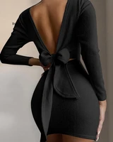 open back knotted long sleeve bodycon dress women solid low cut mini party dress