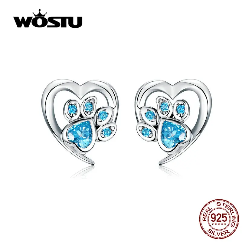 WOSTU, 3 цвета, настоящее 925 пробы, серебряные серьги-гвоздики в виде лапы собаки, синие и розовые серьги для женщин, свадебные ювелирные изделия FIE654