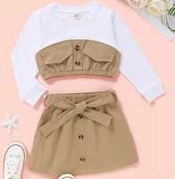 kids baby girls summers full sleeve patchwork packet thin cool tops coat belt skirts buttons toddler children clothes sets 2pcs