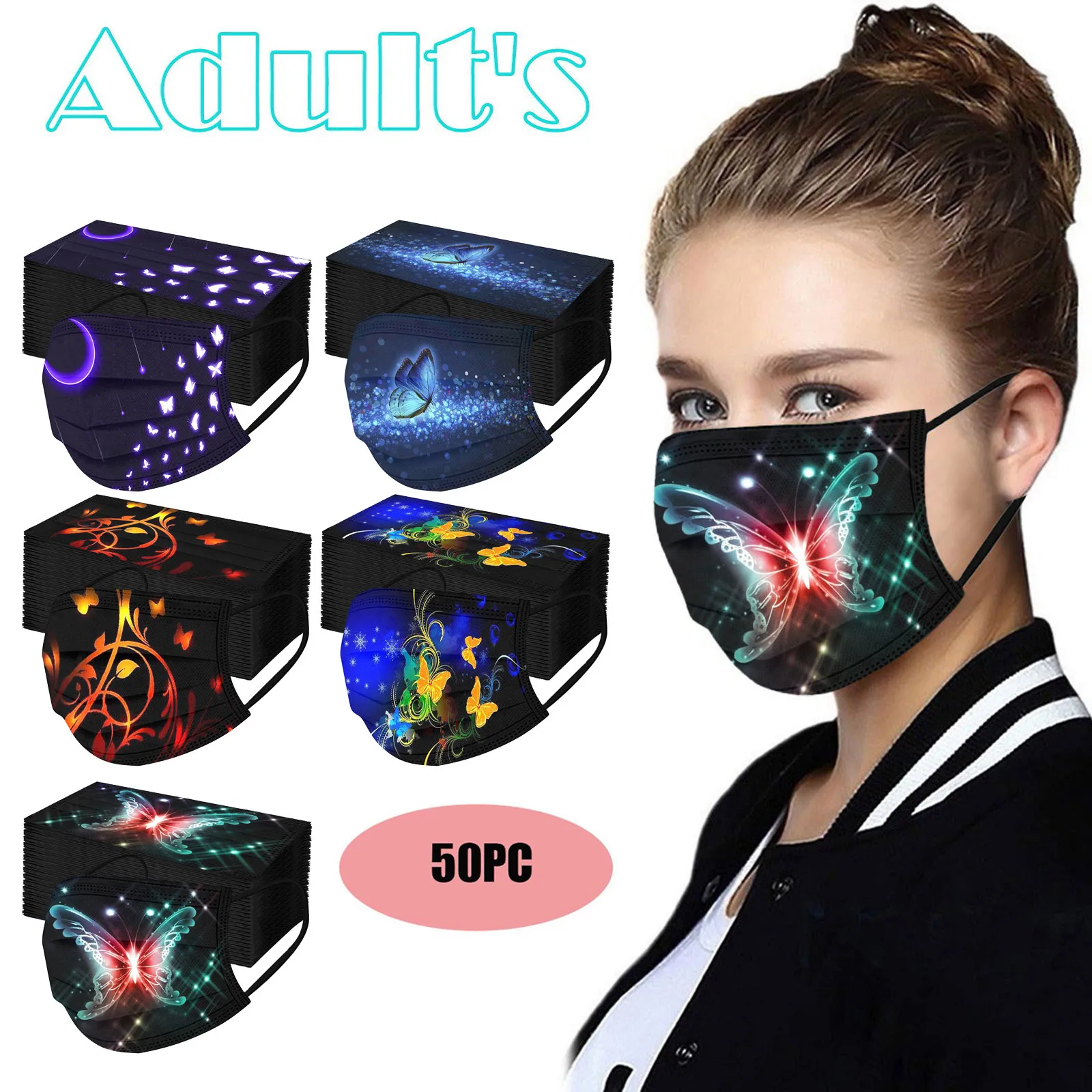 

50Pcs Adult's Butterfly Mask Outdoor Disposable Mask Breathable 3ply Earhook Face Mask Fashion Masque Mondkapjes mascarillas