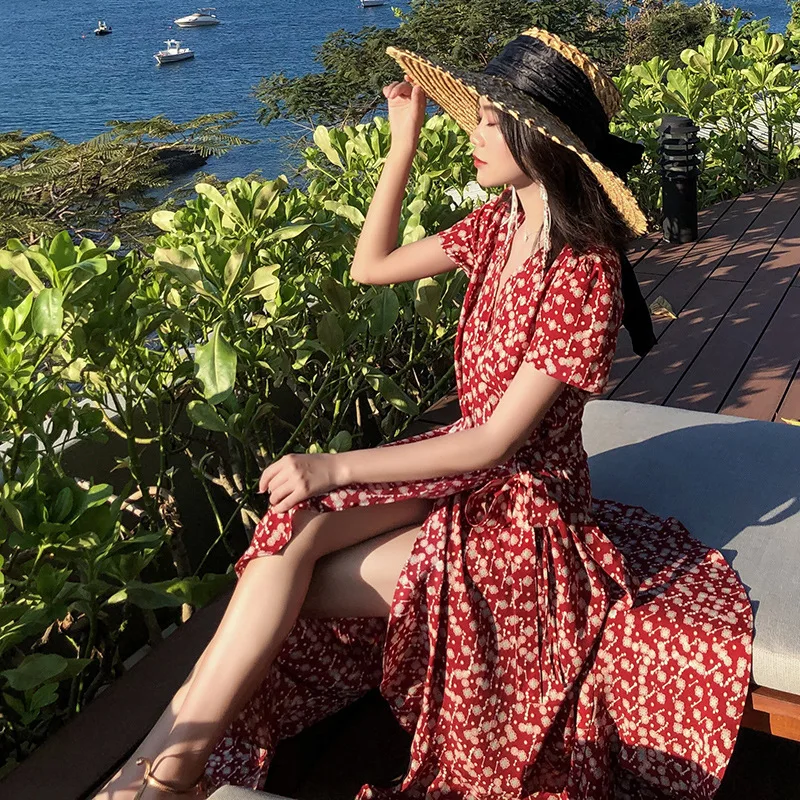 

#0934 Summer Vintage Boho Beach Dress Women Sexy V Neck Asymmetrical Long Print Chiffon Dress V Neck High Waist Beach Sundresses