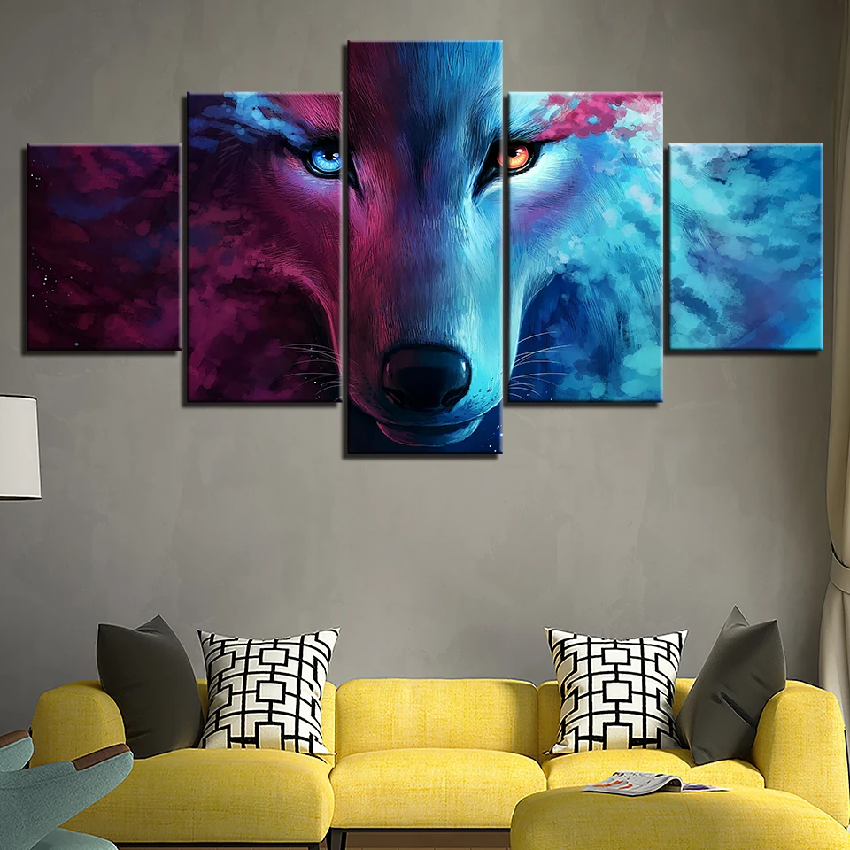 

Modern Canvas Poster Wall Art Animal 5 Pieces HD Print Color Wolf Picture Modular Painting Nordic Home Decor Living Room Framed