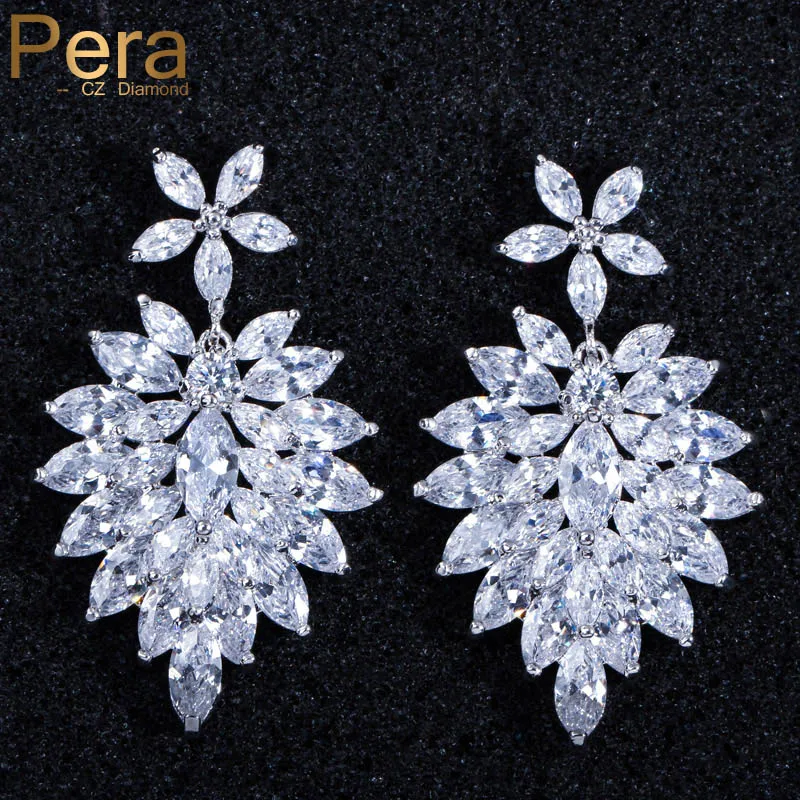 

Pera Romantic Flower Shape Cubic Zirconia Bridal Long Dangle Leaf Drop Earrings for Women Wedding Aniversary Jewelry Gift E005