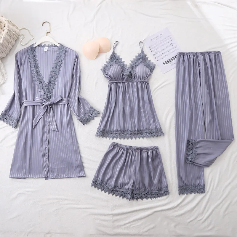 

4PCS Kimono Robe Gown Suits Stripe PJS Sets Women Satin Pajamas Summer Sexy Sleepwear Lace Trim Intimate Lingerie Nightwear