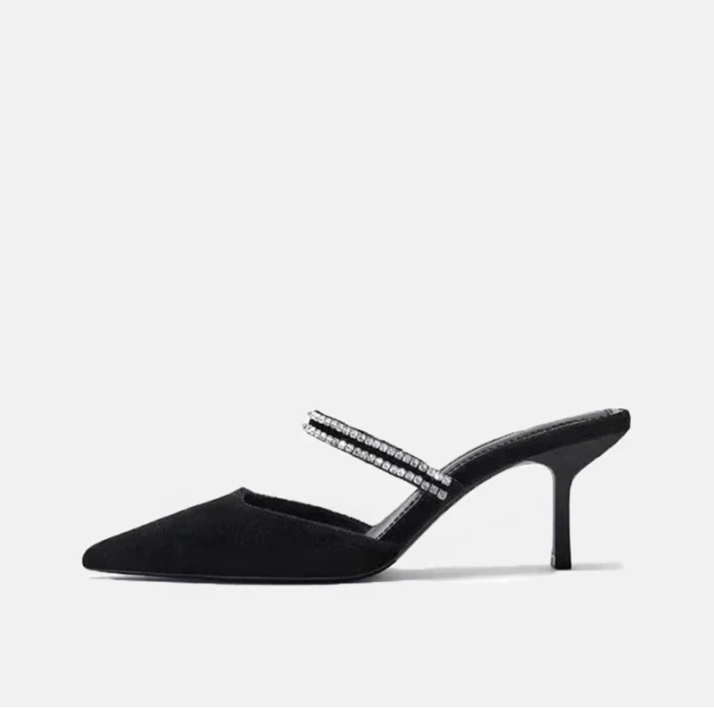 Женские босоножки на шпильке черные высоком каблуке с бархатной подкладкой