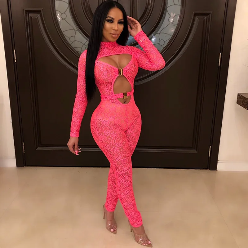 

Women Sexy Lace Mesh Transparent See Through Party Club Jumpsuit