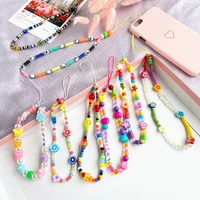 new colorful acrylic beads phone chain for women pearl crystal smiling beaded cellphone strap anti lost lanyard cord jewelry