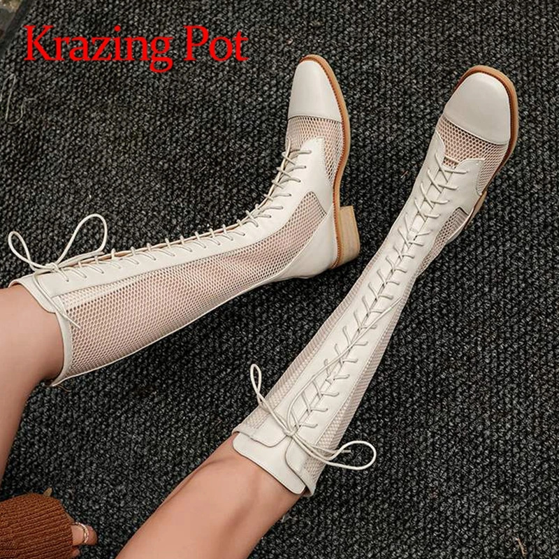 

Krazing Pot spring summer season genuine leather air mesh round toe med heel high fashion young lady zipper thigh high boots L90