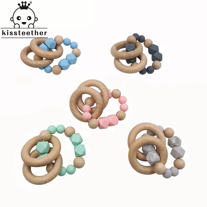 

Baby Teether Bracelet Beech Wooden Ring Natural Teething Grasping Toy Silicone Bead Toddler Teether Newborn DIY Baby Gift