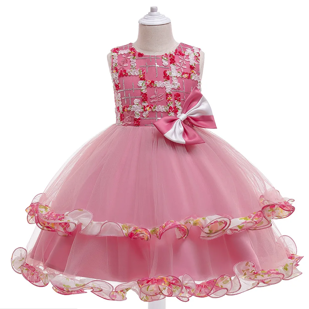 

2021 New Girls Sleeveless O Neck Flowers Bow Mesh Princess Dress Kids Elegant Party Prom Ball Gown Children Costume 3-14 Year