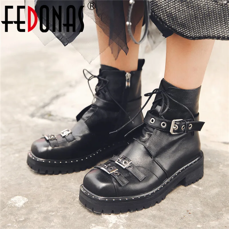 Женские мотоциклетные ботинки FEDONAS черные из натуральной кожи с перекрестной
