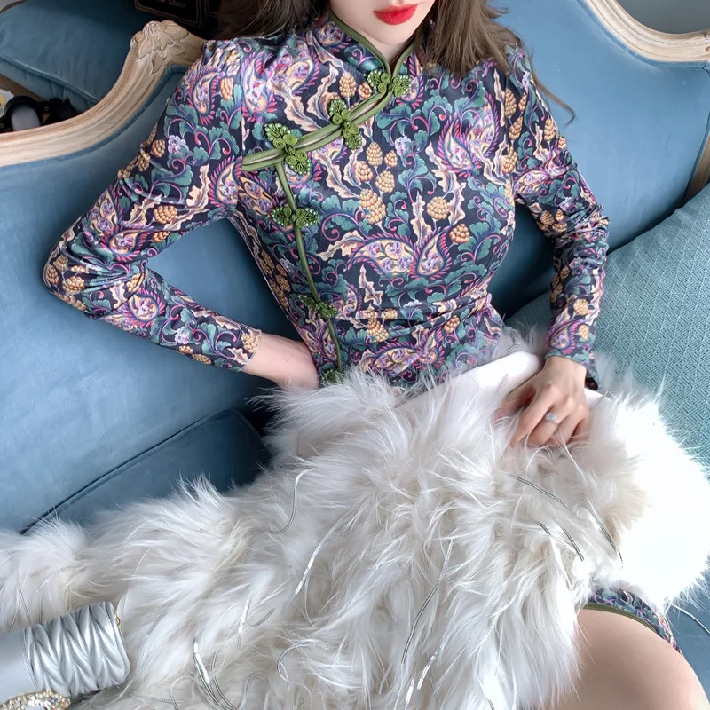 

Spring Women's Dresses Retro Chinese Traditional High Split Print Flower Elegant Cheongsam Midi Luxury Sexy Wrap Floral Dress