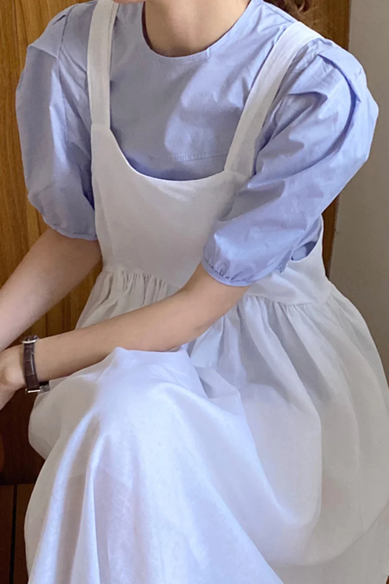 Summer Reduction Soft Blue Round Neck Loose Puff Sleeve Shirt Back Big Swing Strap Dress | Женская одежда