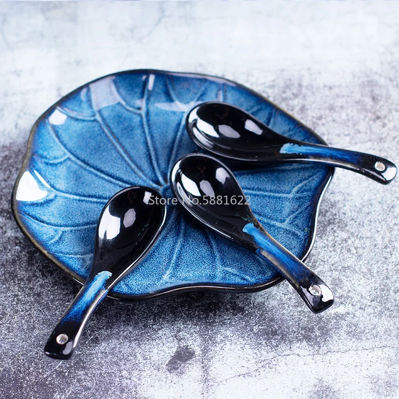 1 шт. японская синяя черная керамическая ложка для печи с длинной ручкой супа