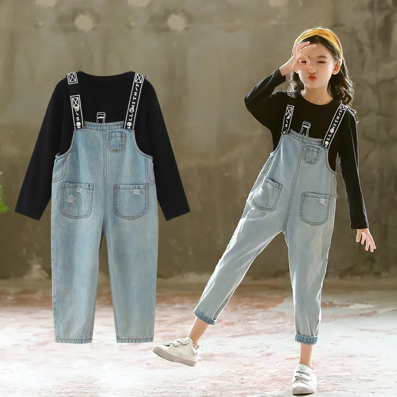 

Jean Spring Autumn Baby Girls Suit Sweatshirts + Overalls 2pcs Kids Teenage Outwear Children Clothing High Quality