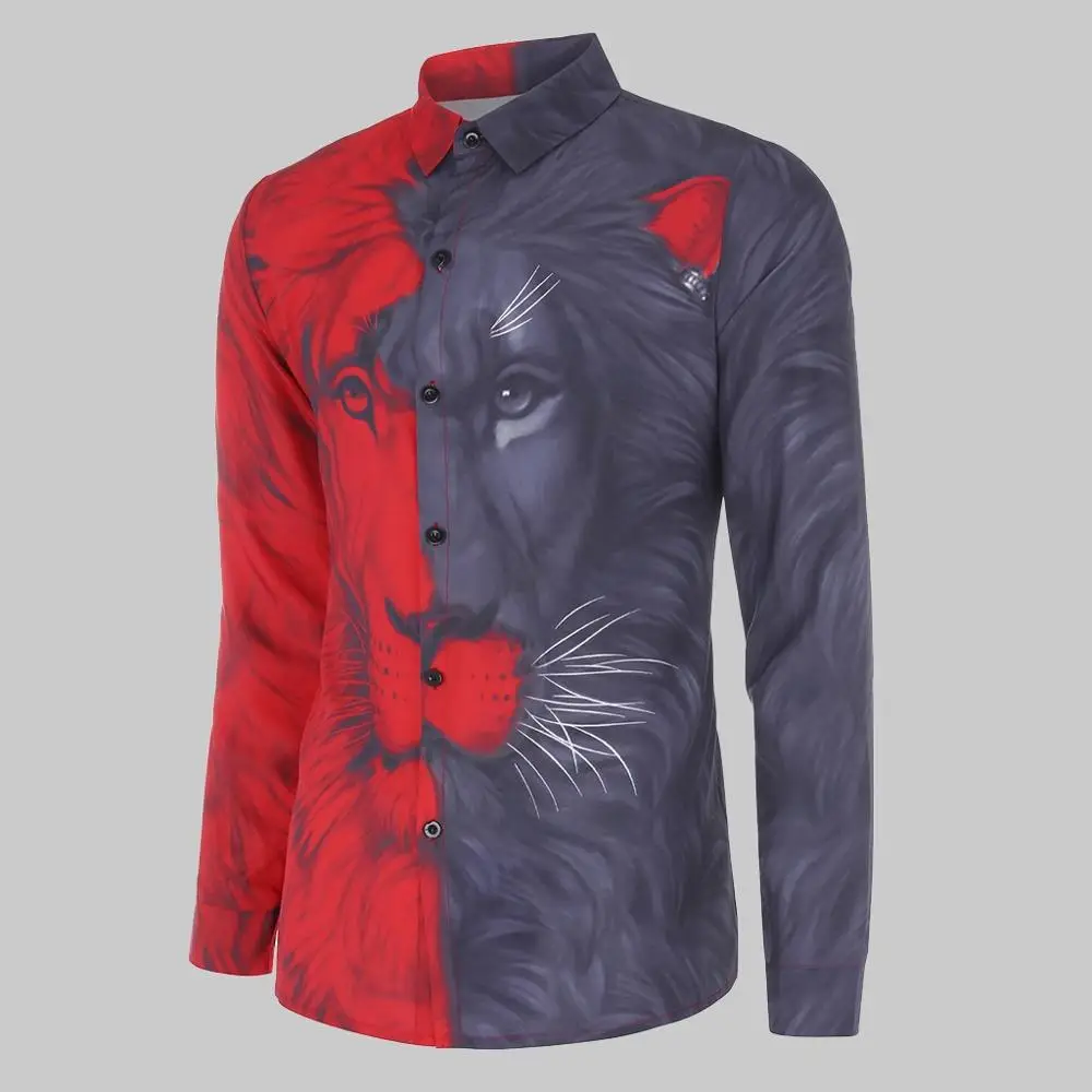 2020 New Men Women Fashion Lion Printed Long Sleeve Shirts Novelty Print Shirt Top Blouse Streetwear Camisa Hombre Casual Shits | Мужская