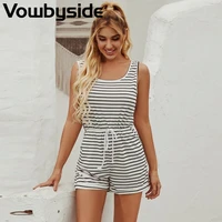 striped print casual fashion summer womens jumpsuit sleeveless u neck vest rompers