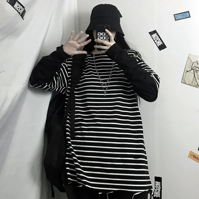 

KOSAHIKI O Neck Striped Fake Two Piece Women Tops Patchwork Casual Long Sleeve Teens Tshirt Harajuku Vintage Korean Tee Shirt