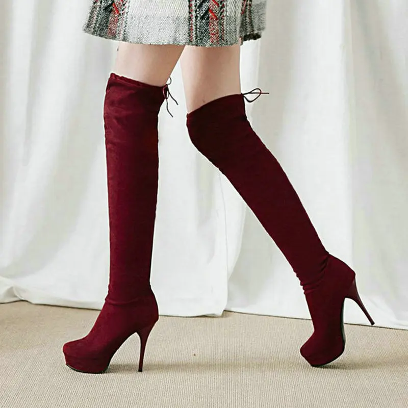 

2020 Faux Suede Women Over the Knee Boots Platform Thin Heel Women Sexy Boots Slip on Fashion Ladies Stretch Boots Plus Size 43