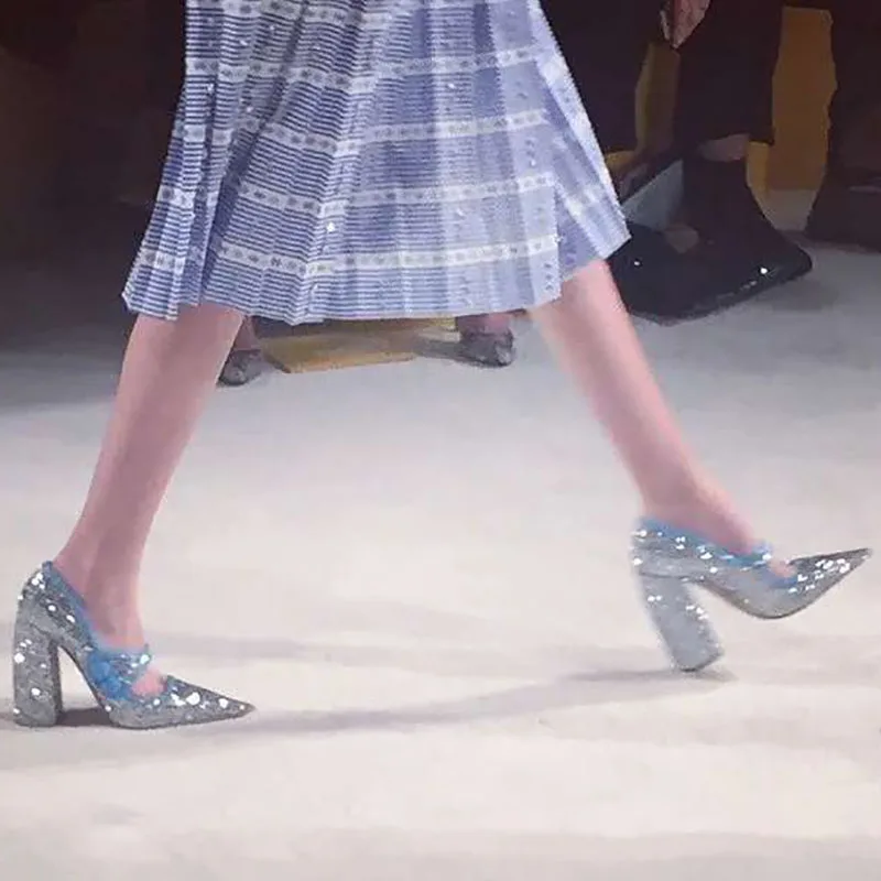 

2021 Spring Silver Sequined High Heels Women's French Pointed Wedding Shoes Thick Heel Mary Jane Shoes Sexy Party Shoes Ladies