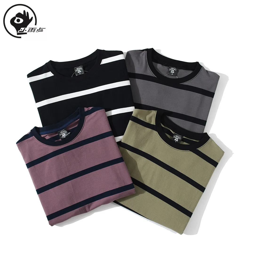 

Little Rain 2021 Summer new striped o-neck t-shirt men loose 100% cotton plus size high quality lover's tees brand clothing