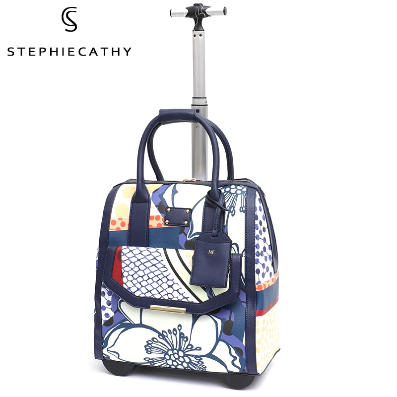 SC Women Beauty Travel Suitcase Case on Wheeled Carry Flight Hand Pattern Leather Girl Trolley Rolling Laptop Pocket Luggage
