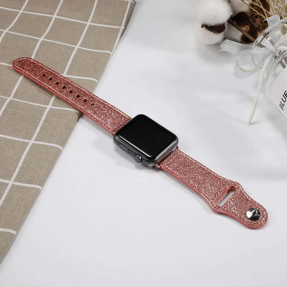 bling pink Кожаный ремешок для Apple watch 44 мм 40 мм iWatch 42 мм 38 мм браслет для часов из натуральной кожи Apple watch 5 4 3 21 - Цвет ремешка: bling pink