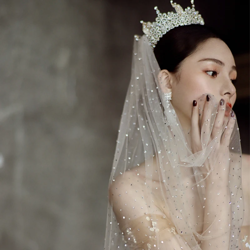 Элегантная блестящая длинная свадебная фата с блестками белая чистая вуаль для