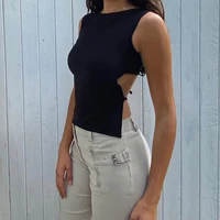 tied backless slim solid sleeveless crop top 2021 summer sexy skinny simple trim outfits mock neck basic tank top