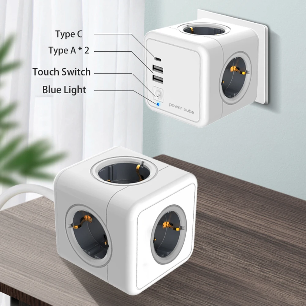 Sopend Gray Power Strips Plug Socket Extension EU With Multi Outlet 4 Smart Ports Powercube 16A 3640W Switch and Type C | Электроника