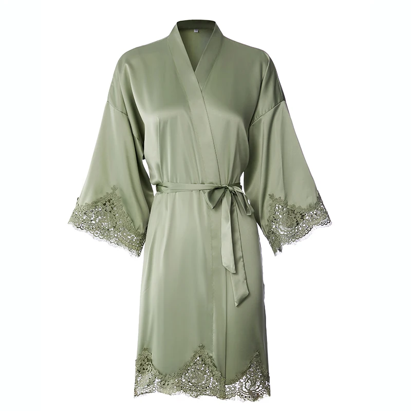 Matt Satin Lace Robe Gown Bridesmaid Robes Kimono Bride Robe Bridal Robe Women Wedding Bridal Robes Green