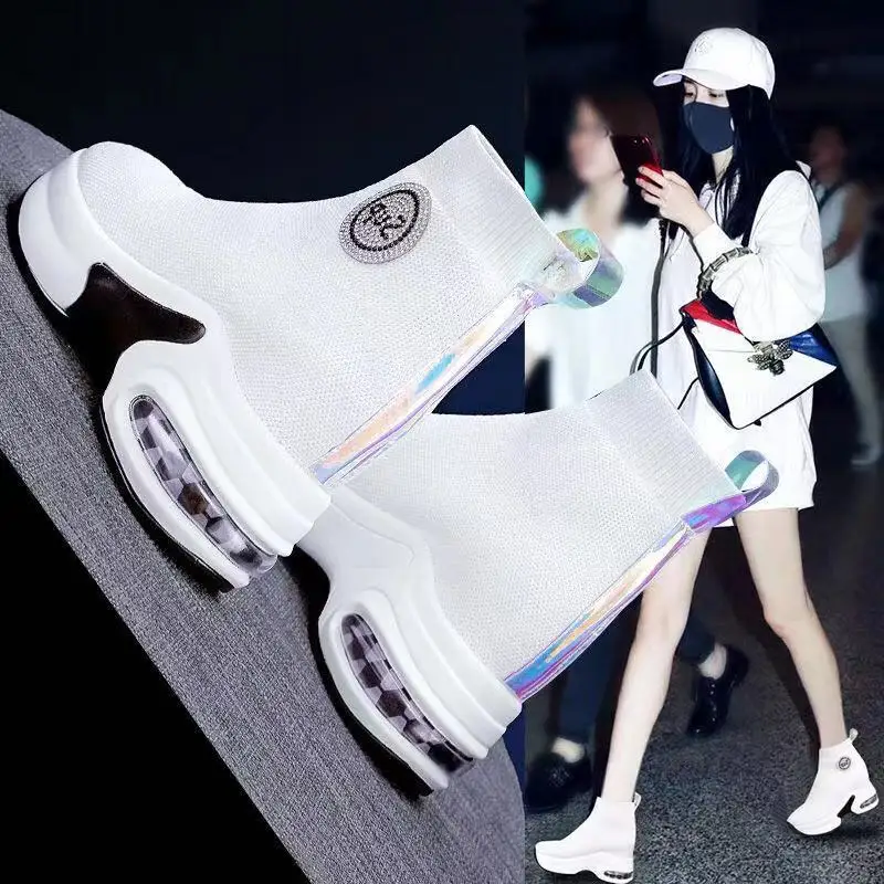 

Height Increasing Insole Women's Shoes 2021 Spring New Versatile Ins Online Influencer Sports Knitted High-Top Sock-like Shoes