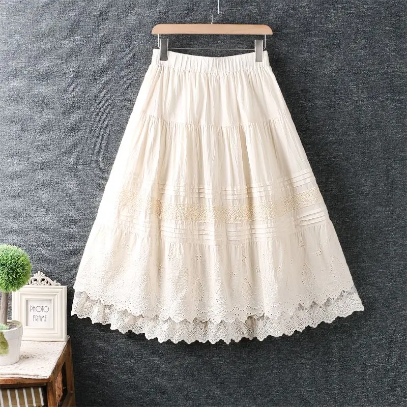 

cotton vintage floral embroidery high waist summer casual loose long for woman skirts womens 2021 skirt clothes