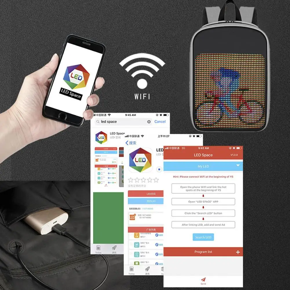 Динамический светодиодный Экран Дисплей рюкзак DIY Беспроводной приложение Wi-Fi