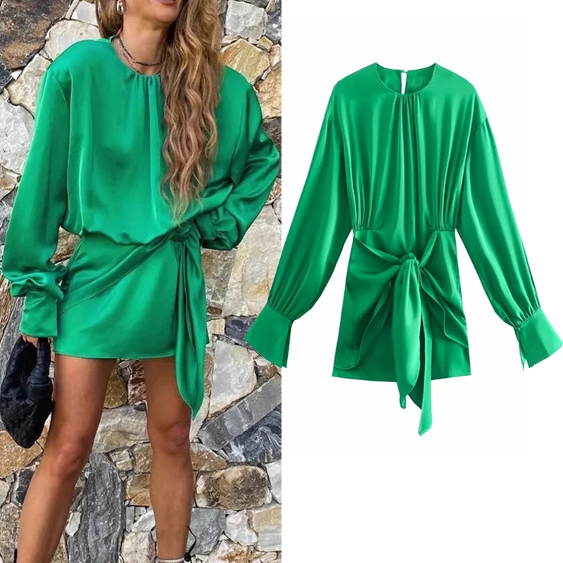 

Green Satin Dress Women Mini Knot Wrap Dress 2021 Long Puff Sleeve Elegant Dresses Woman Fashion Ruched Short Dresses Straight