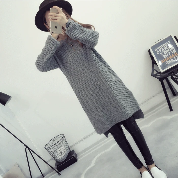 Шикарное зимнее повседневное плотное платье средней длины с разрезом и длинным