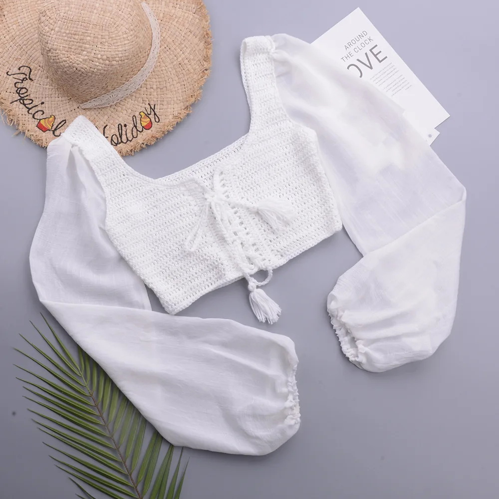 Beachapche  Crochet Bikini Set Tassel knitting Tube up Two Pieces Push-Up Swimsuit Halter Bandage Swimwear Beach Bath Suit Bikin