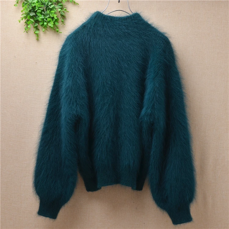Короткий женский вязаный свитер из кроличьей шерсти с круглым вырезом и длинным