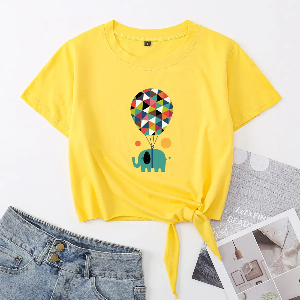 

Balloon Elephant Animal Top Crop Top Women's Summer Short-sleeve Print Cotton T-shirt Cropped Tops Graphic Tee with Front Knot