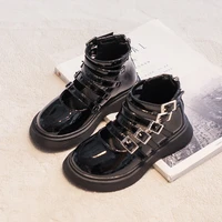 black leather shoes mid size children boots new girls leather shoes fashion buckle mid cut short boots all match hot 27 37